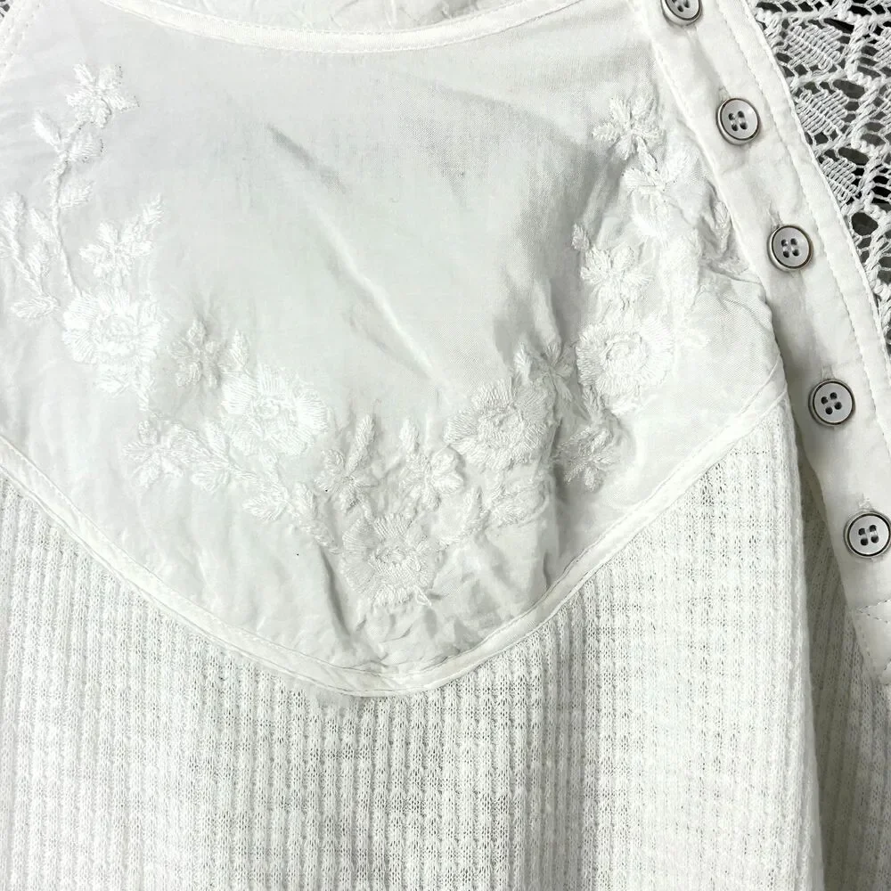 Free‎ People Sweetest Thing White Lace Thermal Top Sz S Boho Long Sleeve 1383R2